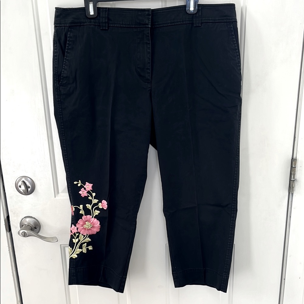 Black Pants with Pink Floral Embroidery